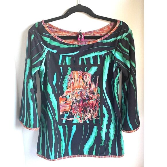 Save the Queen Cowboy 80s Top Womens Large Green Black Boat Neck Stretch - Picture 4 of 9